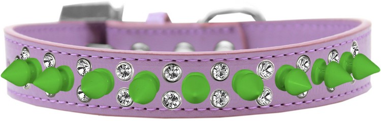 Double Crystal and Neon Green Spikes Dog Collar Lavender Size 16